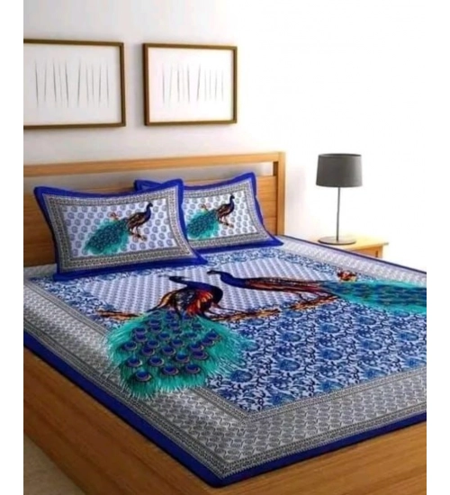 Cotton Printed Queen Size Bedsheet With 2 Pillow Covers (Blue, 90x100 Inch)