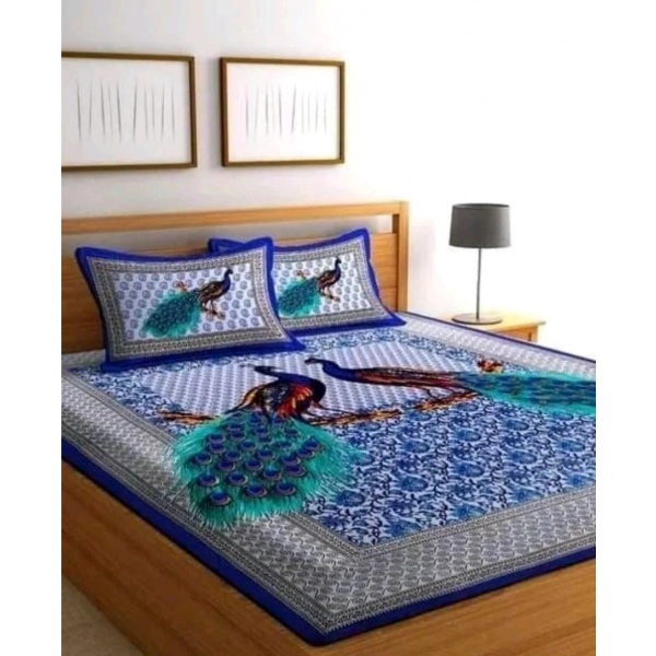 Dropship Cotton Printed Queen Size Bedsheet With 2 Pillow Covers (Blue, 90x100 Inch)