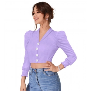 Generic Women's Polyester Solid Puff Sleeves Lapel Collar Top (Purple)