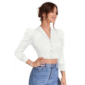 Generic Women's Polyester Solid Puff Sleeves Lapel Collar Top (White)