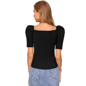 Generic Women's Polyester Solid Puff Short Sleeves Sweetheart Neck Top (Black)