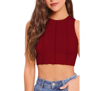 Generic Women's Polyester Solid Sleeveless Round Neck Top (Maroon)
