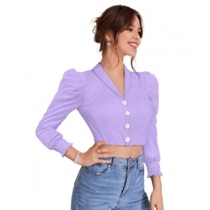 Generic Women's Polyester Solid Puff Sleeves Lapel Collar Top (Purple)