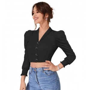 Generic Women's Polyester Solid Puff Sleeves Lapel Collar Top (Black)