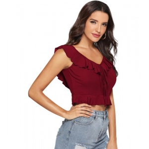 Generic Women's Polyester Solid Sleeveless Ruffle Neck Top (Maroon)