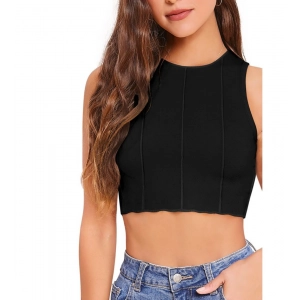 Generic Women's Polyester Solid Sleeveless Round Neck Top (Black)