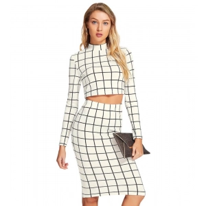 Generic Women's Polyester Checkered Full Sleeves Stand Collar Crop Top Skirt Set (White)