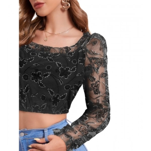 Generic Women's Polyester Solid Full Sleeves Square Collar Top (Black)