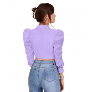 Generic Women's Polyester Solid Puff Sleeves Lapel Collar Top (Purple)