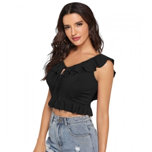 Generic Women's Polyester Solid Sleeveless Ruffle Neck Top (Black)