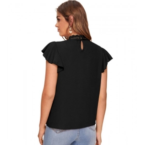 Generic Women's Polyester Solid Cap Sleeve Sweetheart Neck Top (Black)