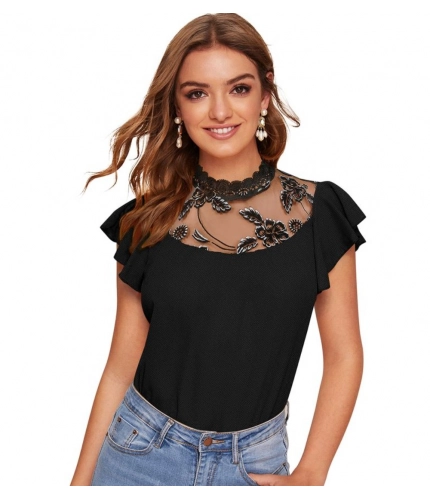Women's Polyester Solid Cap Sleeve Sweetheart Neck Top (Black)