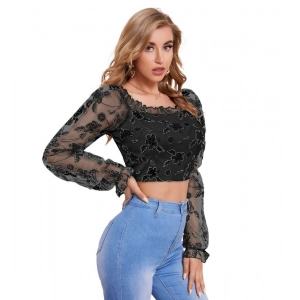 Generic Women's Polyester Solid Full Sleeves Square Collar Top (Black)