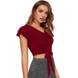 Generic Women's Polyester Solid Short Sleeves V Neck Top (Maroon)