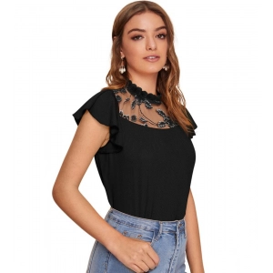 Generic Women's Polyester Solid Cap Sleeve Sweetheart Neck Top (Black)