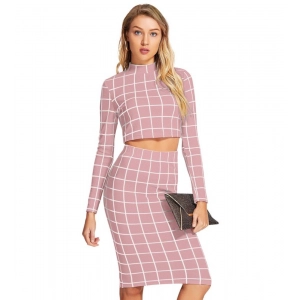 Generic Women's Polyester Checkered Full Sleeves Stand Collar Crop Top Skirt Set (Pink)