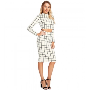 Generic Women's Polyester Checkered Full Sleeves Stand Collar Crop Top Skirt Set (White)