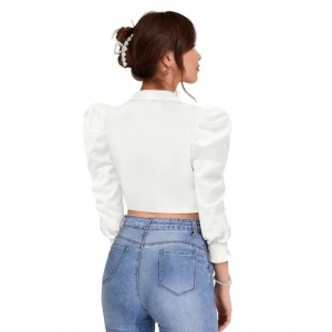 Generic Women's Polyester Solid Puff Sleeves Lapel Collar Top (White)
