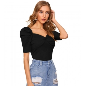 Generic Women's Polyester Solid Puff Short Sleeves Sweetheart Neck Top (Black)