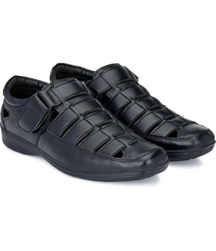 Men's Casual Faux Leather Solid Velcro Sandal (Black)
