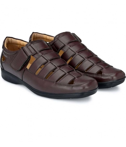 Men's Casual Faux Leather Solid Velcro Sandal (Brown)