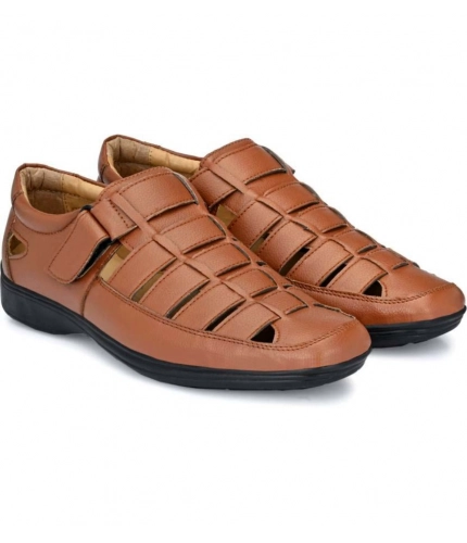 Men's Casual Faux Leather Solid Velcro Sandal (Tan)