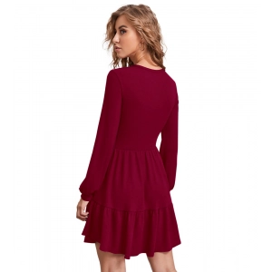Generic Women's Knitting stretchable Solid Round Neck Full Sleeve Dress (Maroon)