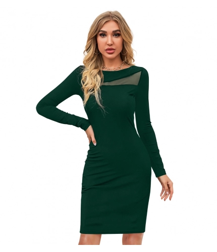 Women's Knitting strachable Solid Round Neck Full Sleeve Dresses (Green )