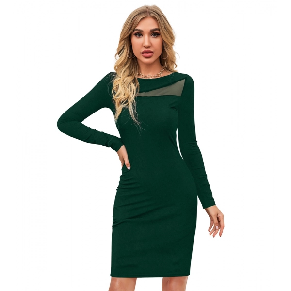 Dropship Women's Knitting stretchable Solid Round Neck Full Sleeve Dress (Green )