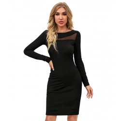Women's Knitting stretchable Solid Round Neck Full Sleeve Dress (Black)