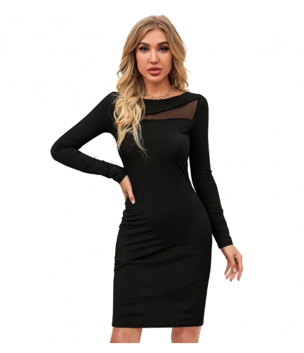 Women's Knitting strachable Solid Round Neck Full Sleeve Dresses (Black)