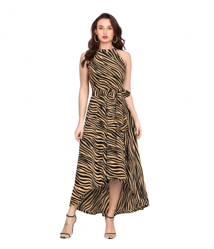 Women's Polyster Zebra Pattern Helter Neck Sleeveless Dresses (Yellow)