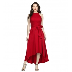 Women's Polyster Solid Halter Neck Sleeveless Dress (Red)