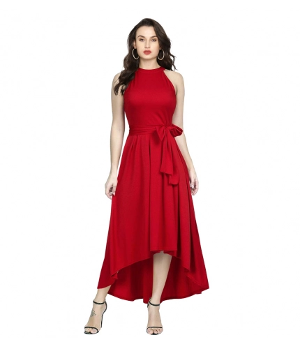 Women's Polyster Solid Helter Neck Sleeveless Dresses (Red)