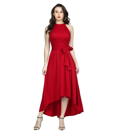 Women's Polyster Solid Halter Neck Sleeveless Dress (Red)