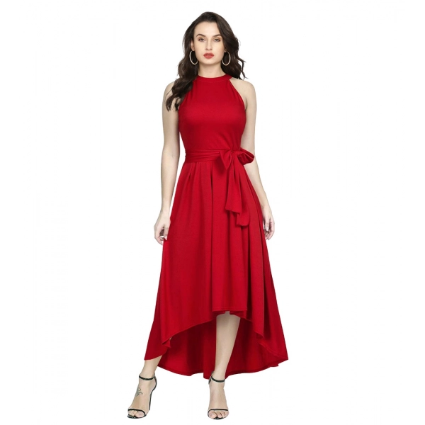 Dropship Women's Polyster Solid Halter Neck Sleeveless Dress (Red)