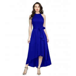 Women's Polyster Solid Halter Neck Sleeveless Dress (Royal Blue)