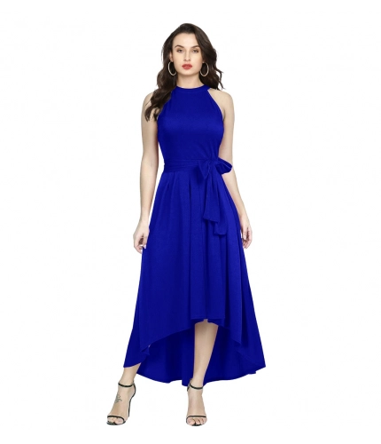 Women's Polyster Solid Helter Neck Sleeveless Dresses (Royal Blue)