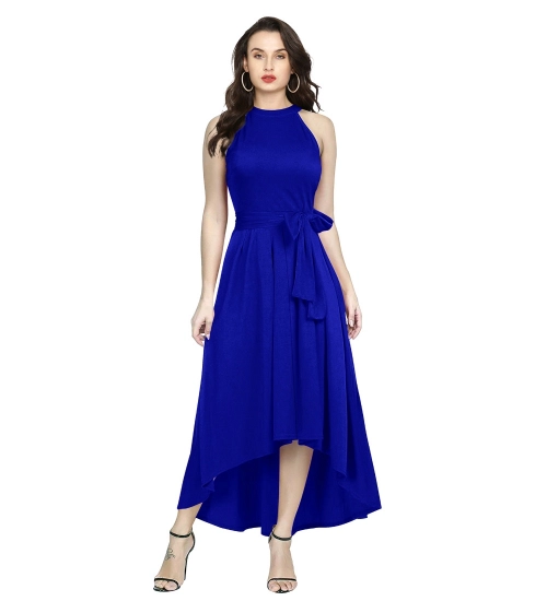 Women's Polyster Solid Halter Neck Sleeveless Dress (Royal Blue)