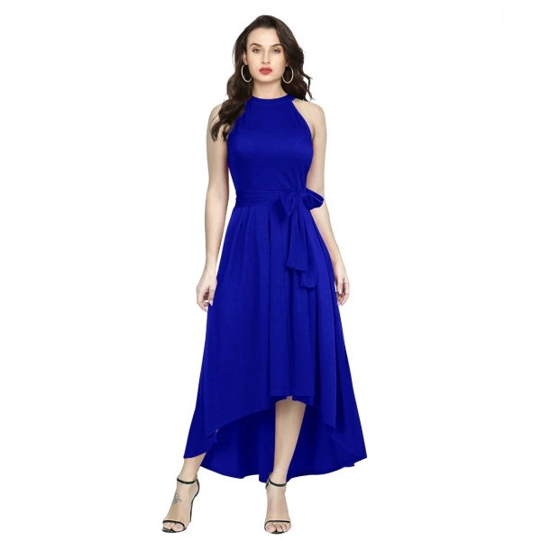 Dropship Women's Polyster Solid Halter Neck Sleeveless Dress (Royal Blue)