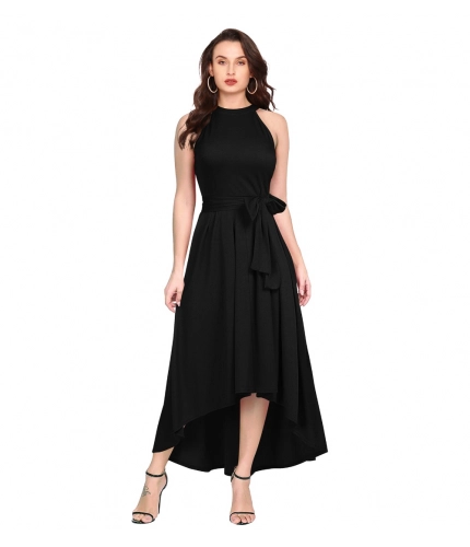 Women's Polyster Solid Helter Neck Sleeveless Dresses (Black)