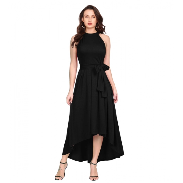 Dropship Women's Polyster Solid Halter Neck Sleeveless Dress (Black)