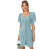 Dropship Women's Knitting stretchable Solid Square Neck 3-4 Puff Sleeve Dress (Pista)