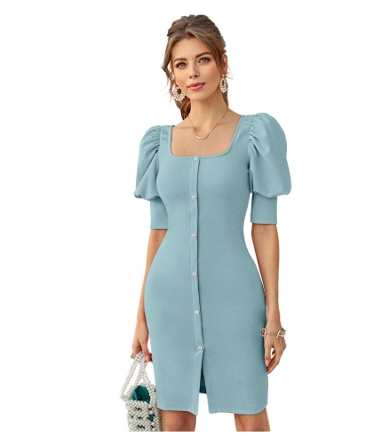 Women's Knitting strachable Solid Square Neck 3-4 Puff Sleeve Dresses (Pista)