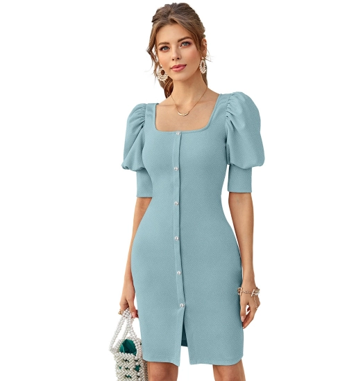 Women's Knitting stretchable Solid Square Neck 3-4 Puff Sleeve Dress (Pista)