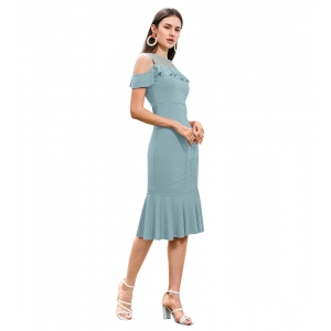 Generic Women's Knitting stretchable Solid Round Neck Sleeveless Dress (Pista )