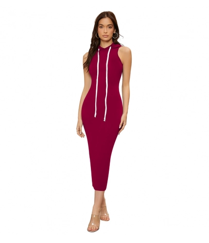 Women's Knitting strachable Solid Round Neck Sleeveless Dresses (Maroon)