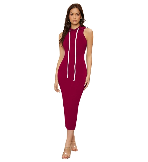 Women's Knitting stretchable Solid Round Neck Sleeveless Dress (Maroon)