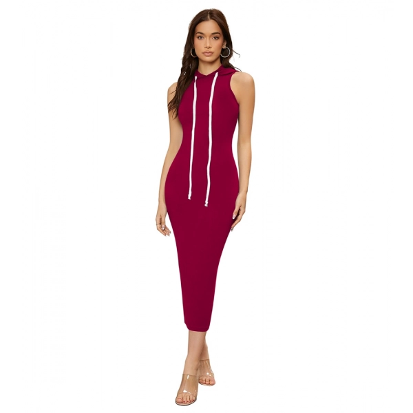 Dropship Women's Knitting stretchable Solid Round Neck Sleeveless Dress (Maroon)