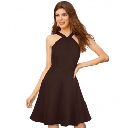 Women's Knitting stretchable Solid Halter Neck Sleeveless Dress (Coffee)